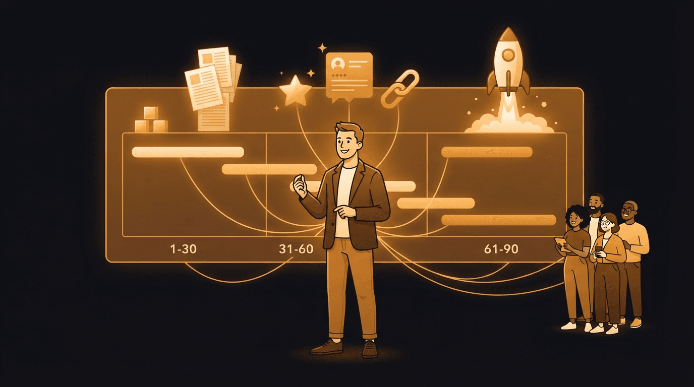 A solo founder standing at a glowing amber planning wall running a single 90-day marketing plan laid out as a three-phase Gantt chart of horizontal amber bars labeled 1-30, 31-60, and 61-90 — foundation blocks and a rising article stack accumulating over the first phase, a review star, a testimonial card, and a backlink chain accumulating over the second, and a launch rocket lifting off a finished base over the third as a crowd of other founders arrives — with amber threads connecting the founder to that network of peers and feeding help into every phase, illustrating that a solo founder's quarter runs foundations first, then authority, then the launch spike, powered throughout by favors traded with other founders.