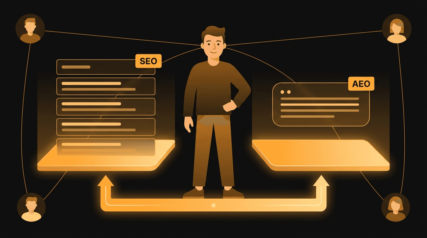 A solo founder standing between two glowing amber surfaces — a classic ranked list of blue links on one side and a single synthesized AI answer box on the other — both fed by the same shared foundation of content, backlinks, and reviews flowing along amber threads from a network of other founders, illustrating that AEO and SEO are one discipline with two output surfaces.