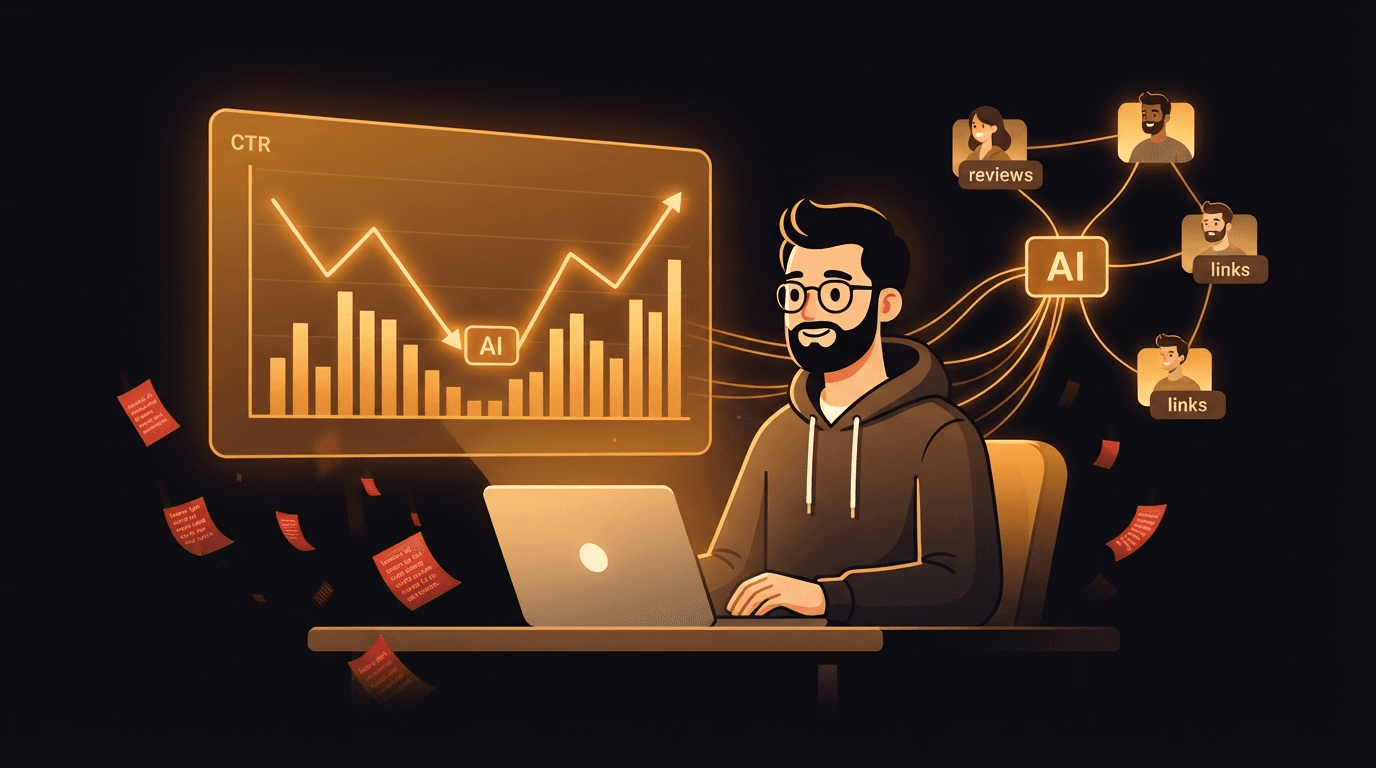 A calm solo founder reading a glowing amber line chart of organic click-through rate that dips into an AI Overview answer box and then rebounds, while the doom-headline noise falls away — connected by amber threads to a network of other founders whose reviews, backlinks, and named-author articles feed the AI answer, illustrating that AI Overviews redistribute traffic rather than kill it and that citable authority is the founder's response.