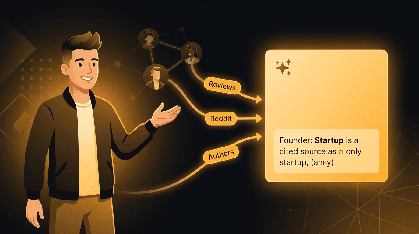 A solo founder standing beside a glowing amber AI answer box, with three labeled streams — Reviews, Reddit, and Named authors — flowing into it along amber threads from a network of other founders, illustrating the off-page signals that get a startup cited in AI search.