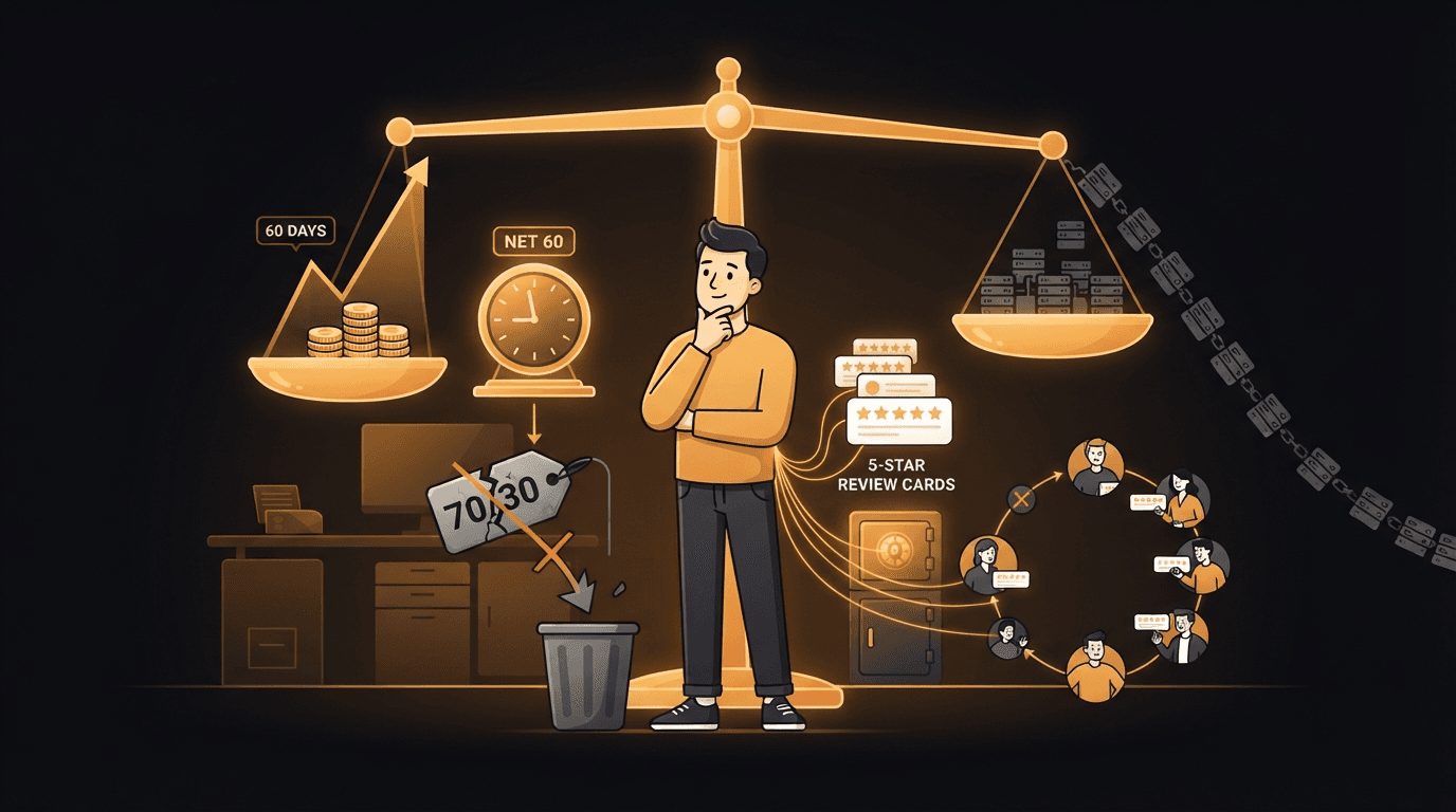 A solo founder standing at a glowing amber balance scale weighing whether to run a lifetime deal — on one pan a single bright 60-day burst of upfront cash shaped like a short-lived sales spike, and on the other a long, dim grey chain of support tickets and server icons stretching far off into the future and tipping the scale down — while a glowing amber clock gate marked NET 60 holds the money back between the founder and the cash, a cracked grey tag reading 70/30 falls away into a discard bin because the real split is negotiated rather than published, and beside the founder a short bright row of five-star review cards is banked early along amber threads arriving from a ring of other founders, illustrating that a lifetime deal is a cash-now-for-costs-later trade whose headline number is far larger than what actually reaches your bank account.