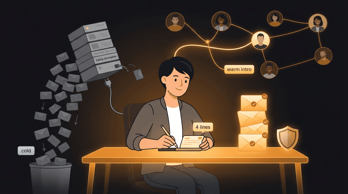 A solo founder at a glowing amber desk hand-writing one very short cold email to a single named person, while a towering grey mass-sending rig of extra domains, duplicated inboxes, and a spray of hundreds of identical dim envelopes sits unplugged and falling away into a discard bin beside them — on the founder's side a small bright stack of only four glowing amber envelope cards rises, each carrying a checkmark seal, with a compliance shield badge glowing alongside, and one especially bright amber thread arrives from above as a warm introduction passed along by a connected network of other founders, burning far brighter than the entire cold spray, illustrating that founder cold email is won with a handful of specific, compliant, hand-written messages rather than agency-scale sending infrastructure — and that a traded warm intro beats the whole apparatus.