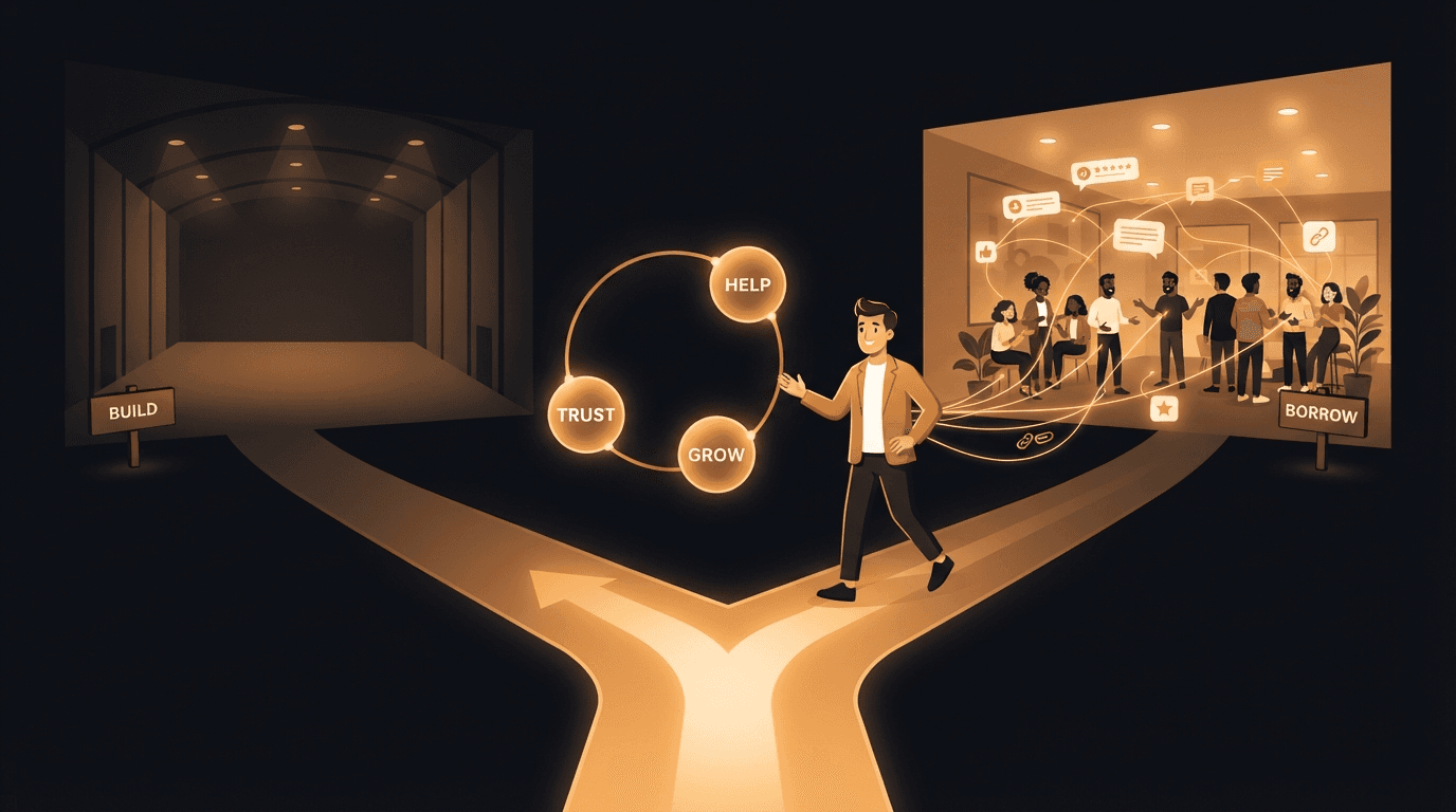 A solo founder standing at a glowing amber fork in the road labeled Build vs Borrow — on one side a huge empty community hall they'd have to fill alone, on the other a lively room of other founders already gathered where the founder joins in and helps — with a compounding help-to-trust-to-distribution loop cycling beside them and amber threads carrying reviews, feedback, and backlinks between the founder and the network, illustrating that at a one-person scale community-led growth means joining and serving an existing community rather than building your own from zero.