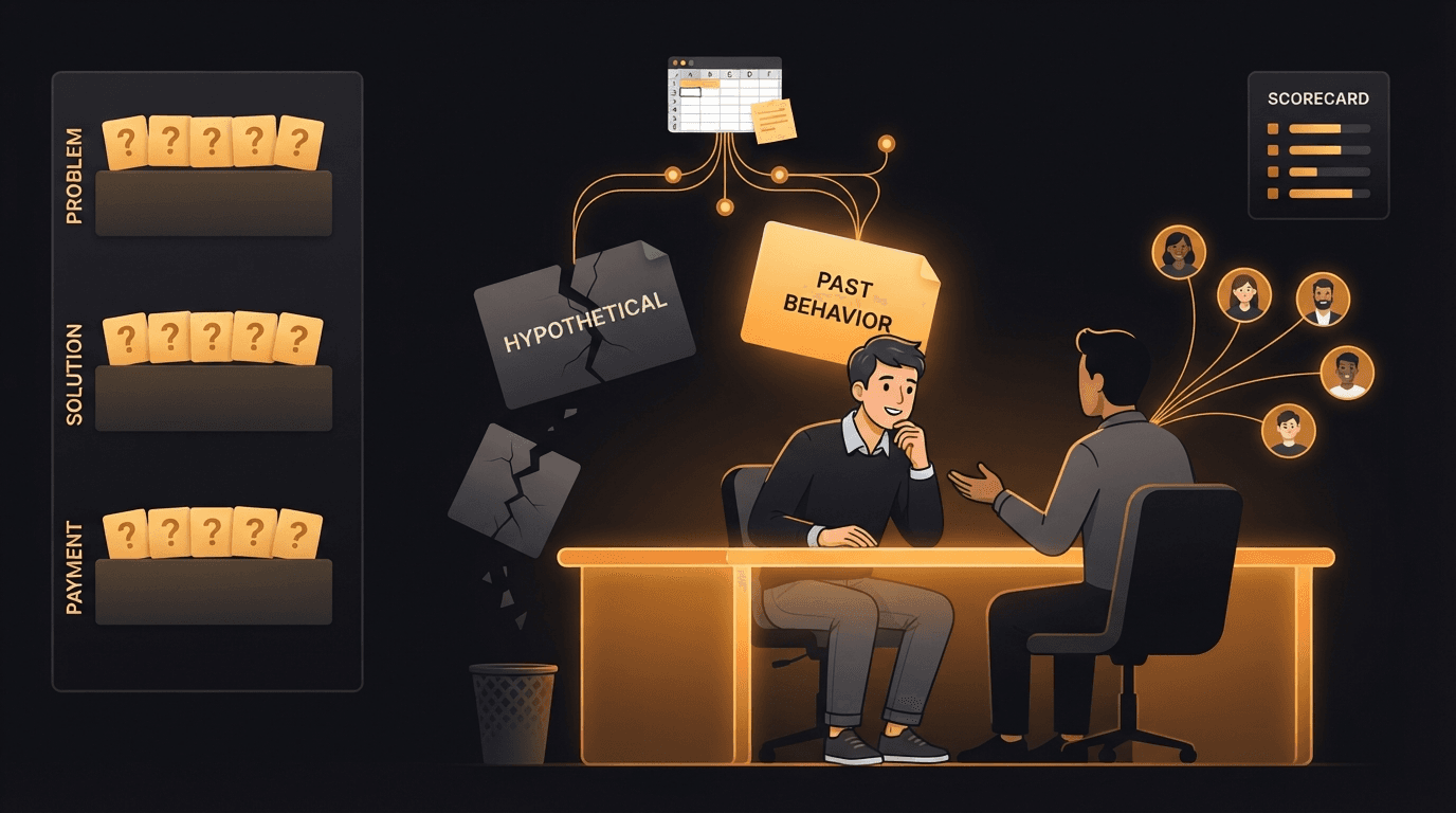 A solo founder running a customer discovery interview across a glowing amber desk, listening with a hand to their chin rather than pitching, while two question cards float above them — a cracked grey card labeled Hypothetical falling away into a waste bin, and a bright amber card labeled Past Behavior branching upward into glowing follow-up threads that lead to a spreadsheet-and-sticky-note workaround the interviewee already built — with a stage-grouped question bank racked down the left side in three bands labeled Problem, Solution, and Payment, a small interview scorecard panel on the right, and amber threads fanning out from the interviewee to a network of other founders, illustrating that discovery questions work when they ask about the past and that the real answers come from the follow-up rather than the script.