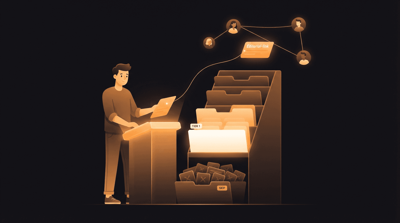 A solo founder at a glowing amber sorting console filing their startup into a tiered directory rack — a wide, bright base of high-authority general directories, a middle band of indie launch platforms, a small niche tier, and a discard bin of low-quality link-farm directories marked skip — while an amber thread carries a single high-value editorial backlink up past the whole rack toward a network of other founders, illustrating that directory links are the compounding floor of a startup's SEO and traded editorial links are the ceiling.