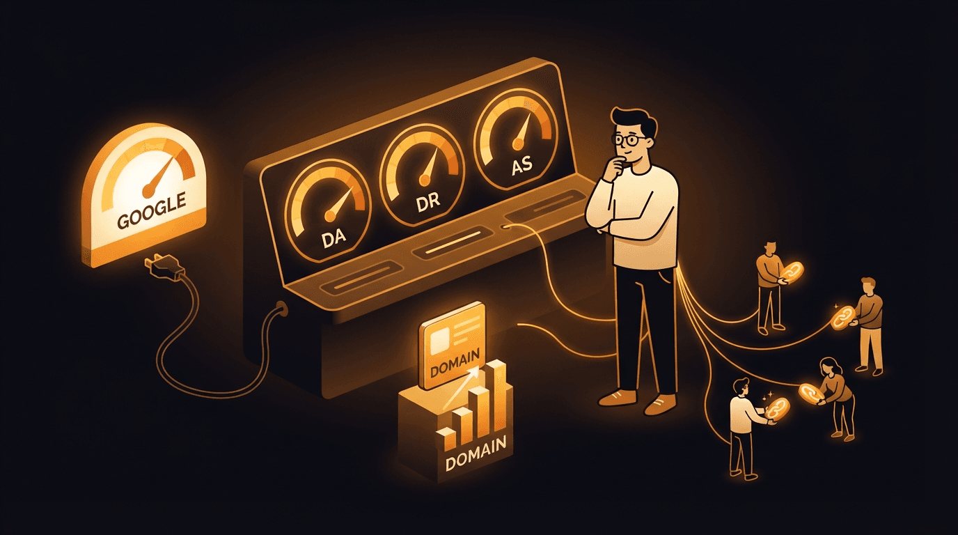 A solo founder studying three glowing amber gauges labeled DA, DR, and Authority Score — each a different needle position for the same site — while a separate, brighter meter labeled Google stays unplugged from all three, and an amber directory-listing tile rises in value as the host domain beneath it grows taller, connected by amber threads to a network of other founders trading editorial backlinks, illustrating that vendor authority scores are estimates, not Google's, and that real authority is earned slowly through trusted links.