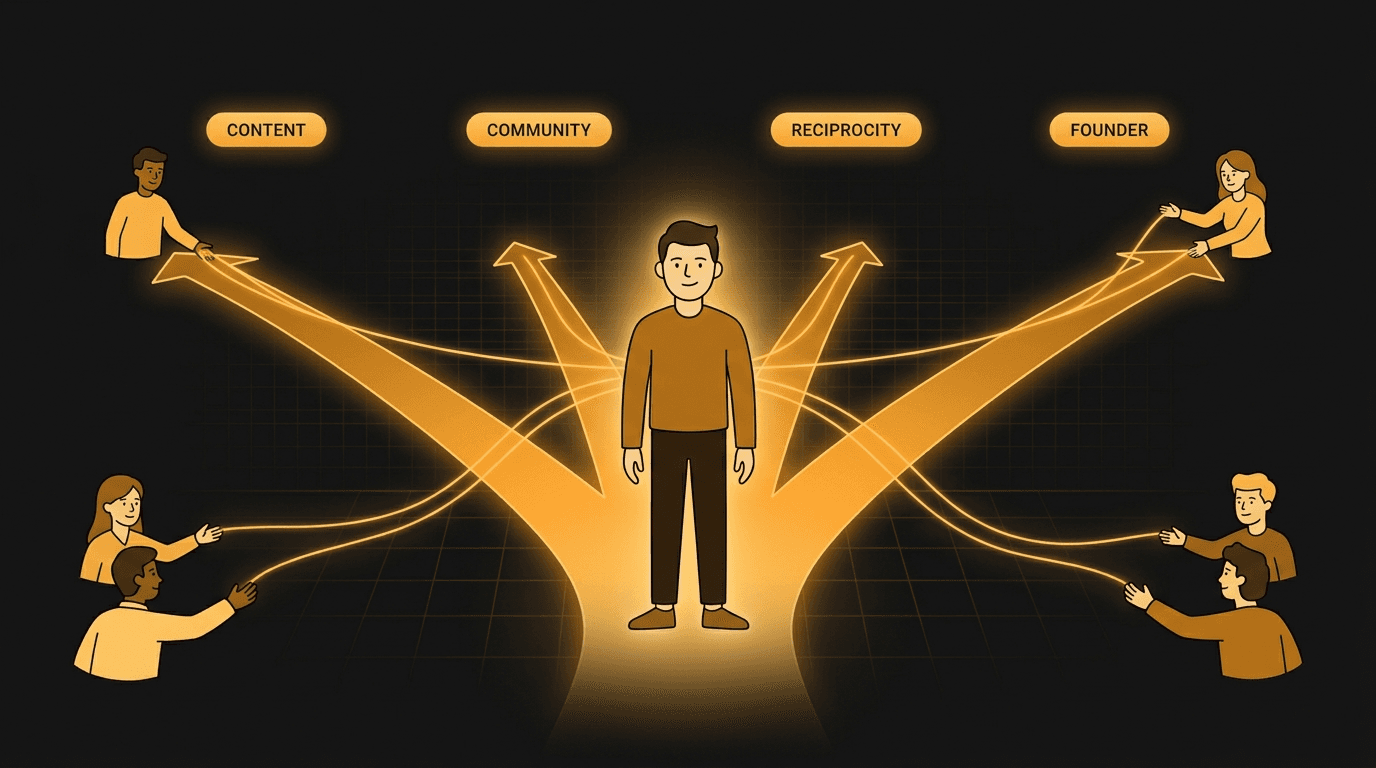 A solo founder standing at the center of four glowing amber lanes labeled Content, Community, Reciprocity, and Founder-as-product, connected by amber threads to a network of other founders — illustrating the four modes of founder-led marketing.