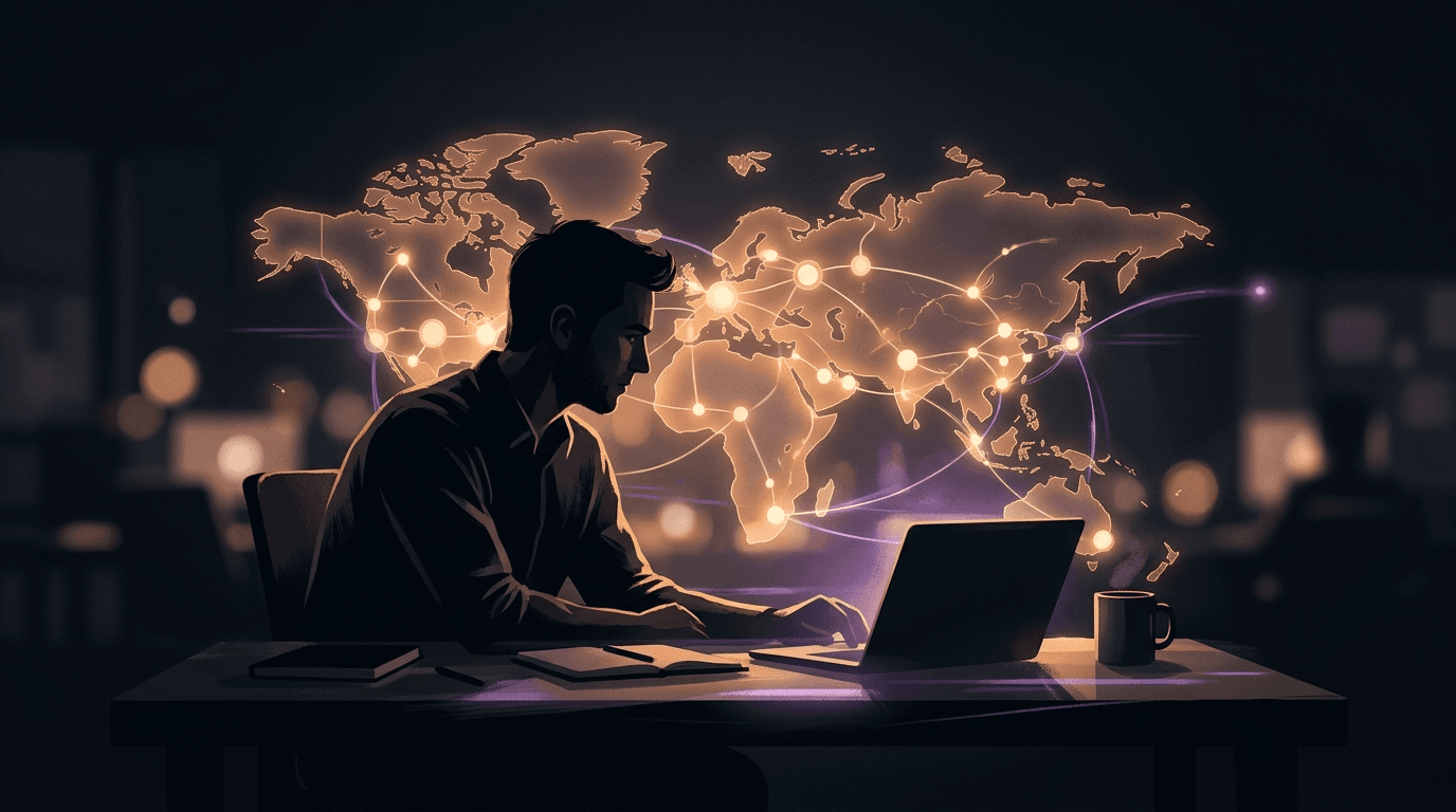 A solo founder at a laptop connected by glowing amber threads to a network of other founders — a go-to-market strategy built around trading marketing favors with peers.