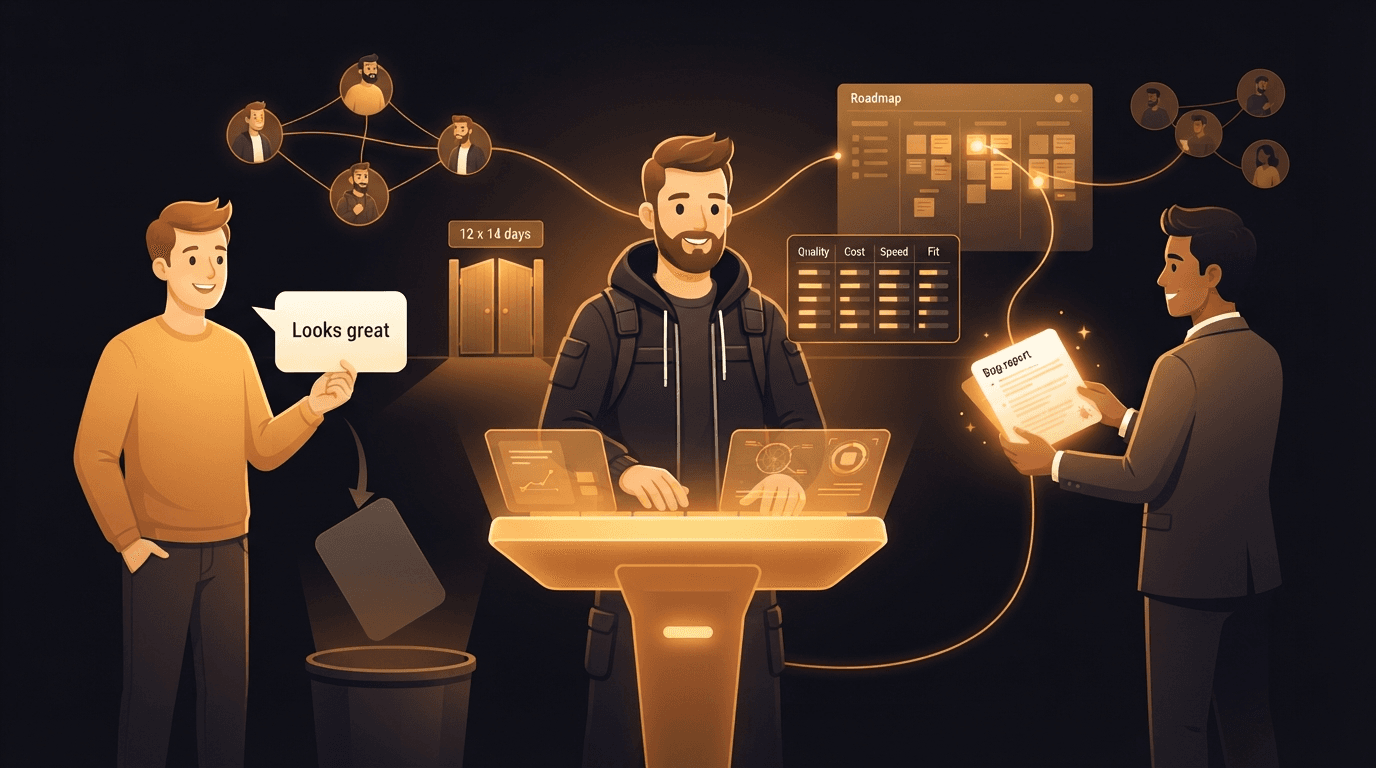 A solo founder at a glowing amber recruiting console sorting incoming beta testers by quality rather than headcount — a polite friend holding a blank Looks great card falls away into a dimmed bin on one side, while a founder-tester who files a specific, reproducible bug report rises bright along an amber thread and lands on the roadmap — with a four-column source scorecard floating beside them rating each recruiting channel on tester quality, cost, speed, and founder fit, a small gate marked 12 testers for 14 days standing between the app and the store, and amber threads connecting the founder to a network of peers who test each other's products, illustrating that finding beta testers is a quality-selection problem, not a volume problem.