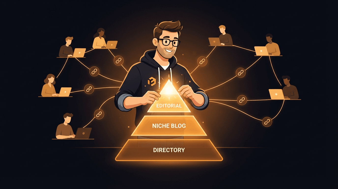 A solo founder building a glowing amber backlink value pyramid — a wide base of directory listings, a middle band of niche blog links, and a small bright apex of high-authority editorial backlinks — with amber threads carrying editorial links traded to and from a network of other founders, illustrating that the highest-value backlinks are earned through reciprocity rather than bought, and that one editorial link outweighs many one-day shares.
