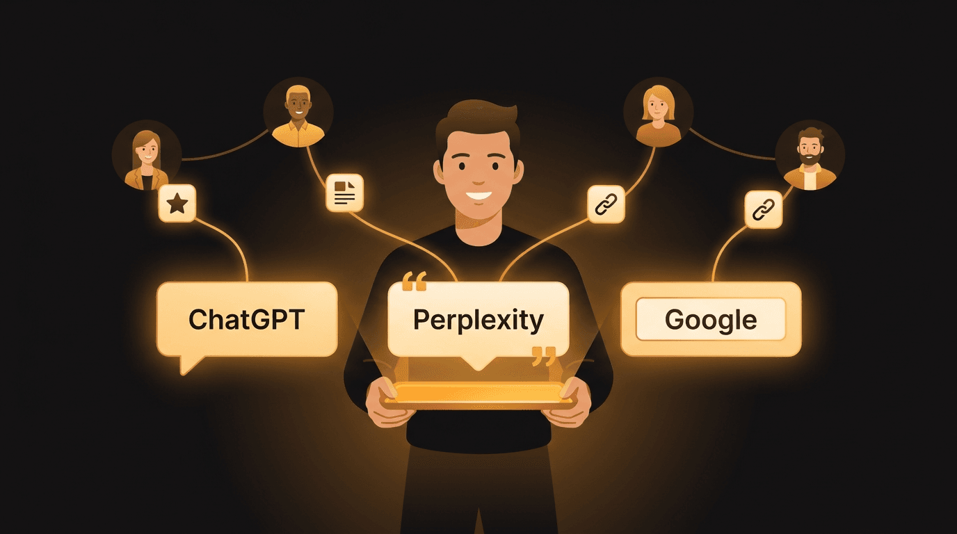 A solo founder feeding three glowing amber answer engines — ChatGPT, Perplexity, and Google AI Overviews — each labeled card pulling a different source (reviews, named-author articles, backlinks) along amber threads from a network of other founders, illustrating each engine's distinct citation diet.