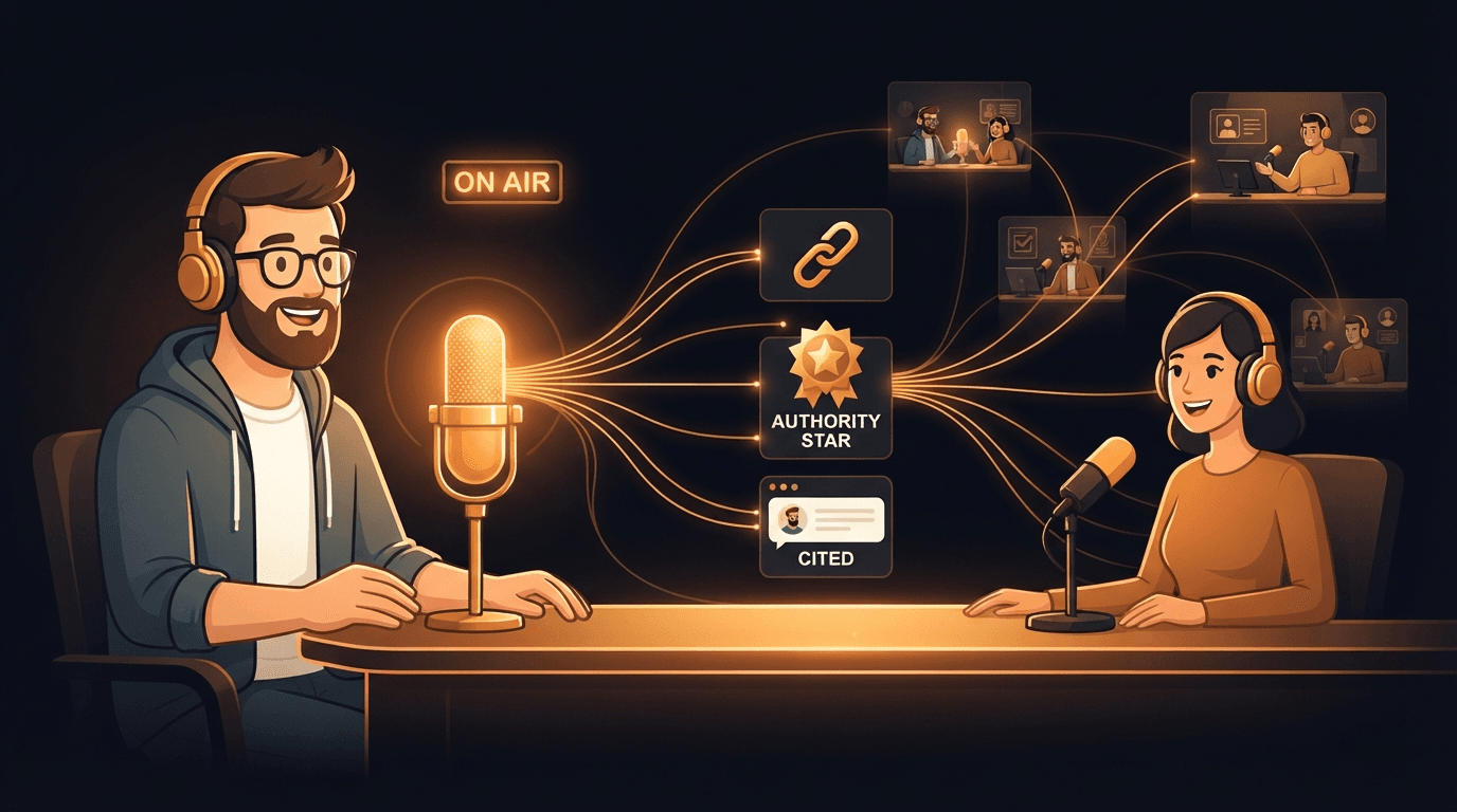 A relaxed solo founder speaks into a glowing amber podcast microphone across from another founder who hosts the show, the two linked by amber threads — and from the single mic, more amber threads fan out into a stack of compounding assets: a backlink chain, a rising authority badge, and a small AI answer box that cites the founder by name, with threads reaching a wider network of founder-hosts, illustrating that one podcast appearance becomes a permanent backlink, an authority signal, and a named-author trail AI engines cite, and that the fastest way to get booked is trading with founders who host shows.