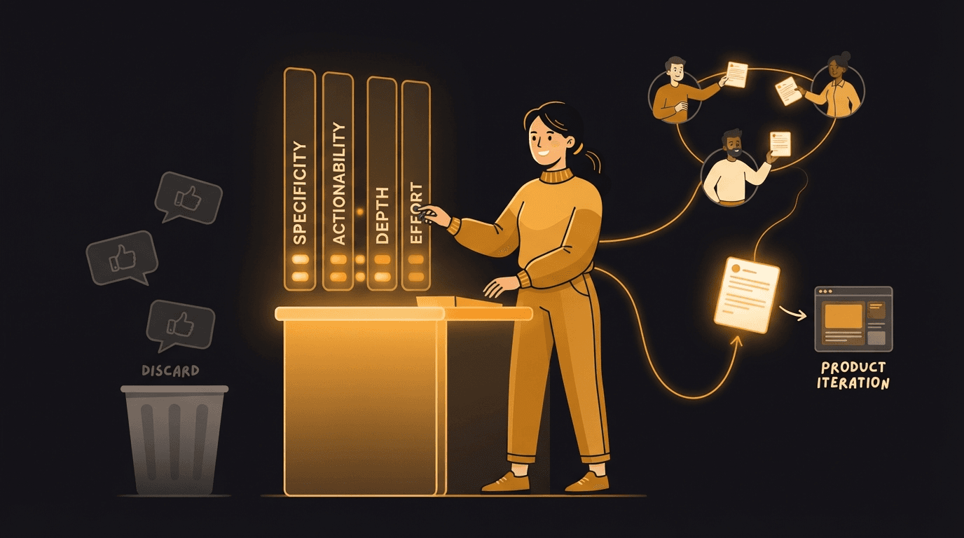 A solo founder at a glowing amber workstation running incoming product feedback through a four-lane grading meter labeled Specificity, Actionability, Depth, and Effort — vague thumbs-up bubbles reading Looks great fall away into a dimmed bin on one side, while a detailed critique card that points at a specific screen and names a concrete fix rises bright along an amber thread and becomes a change on the founder's roadmap — with more amber threads carrying honest critiques back and forth between the founder and a network of other founders who actually used the product, illustrating that useful pre-launch feedback comes from peers who ship, not from polite friends, and that it can be scored rather than guessed at.