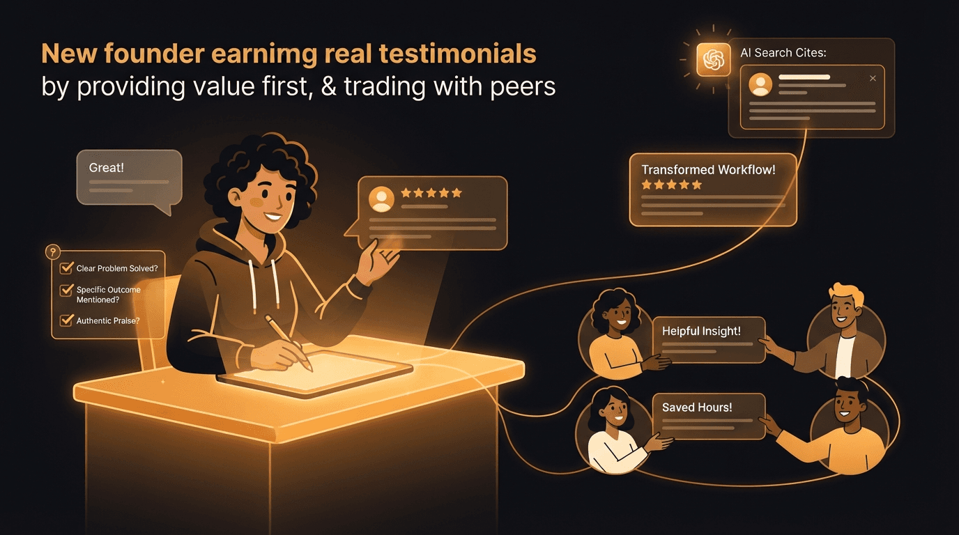 A solo founder at a glowing amber workstation turning a vague, empty speech-bubble card labeled Great into a detailed, specific five-star testimonial card, guided by a small floating question-bank checklist — while amber threads connect them to a circle of other founders trading honest testimonial cards in exchange for help, and one strong testimonial rises along an amber thread into a small AI answer box that cites it, illustrating that new founders earn real testimonials by giving value first and trading with peers, and that those testimonials double as social proof and AI-search citations.