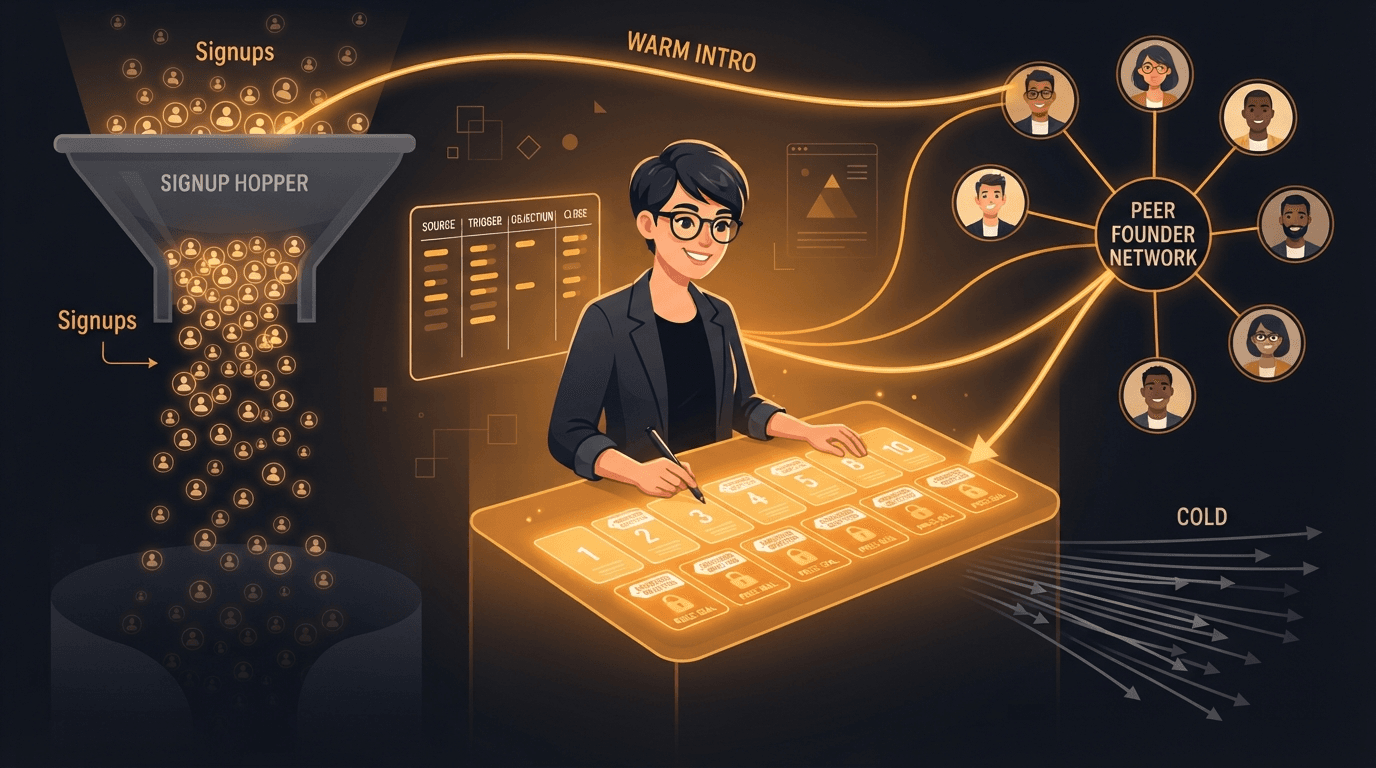 A solo founder at a glowing amber sales console working their first ten paying customers by hand rather than through a funnel — a wide, dim hopper of anonymous signups pours in from one side and drains away unconverted, while on the other side a short bright row of ten numbered customer cards is closed one conversation at a time, each card carrying a small objection tag that has been answered and a founding-member price seal locked in — with a first-10 tracker board beside them showing columns for source, conversation, objection, and close, a warm-introduction thread glowing far brighter than a bundle of dim cold-email arrows, and amber threads connecting the founder to a network of peers who have already been helped and now send warm intros back, illustrating that the first ten payments are won hand-to-hand through founder-led sales and traded introductions, not through volume.