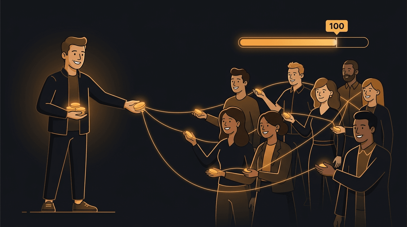 A solo founder reaching their first 100 users hand-to-hand, connected by glowing amber threads to a crowd of other founders trading marketing favors to help each other launch.