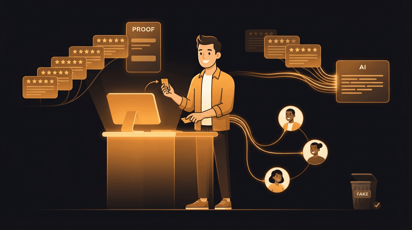 A solo founder at a glowing amber workstation turning their first handful of real product reviews into two kinds of proof at once — a rising row of five-star review cards feeding a social-proof panel on one side, and the same reviews flowing along amber threads into an AI answer box that cites them on the other — while a small discard bin labeled fake sits switched off, illustrating that honest first reviews double as social proof and AI-search citations.