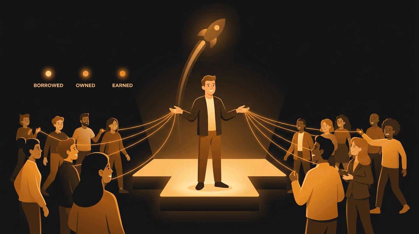 A solo founder on a launch-day stage that's empty behind them, reaching out along glowing amber threads to borrow a crowd of other founders who arrive to support the launch — illustrating borrowed, owned, and earned audiences.