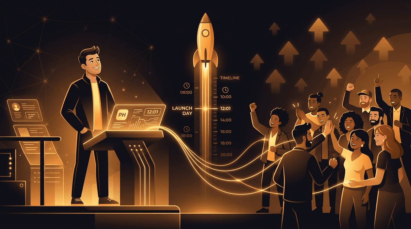 A founder at a launch console on Product Hunt day, an amber rocket rising past an hour-by-hour timeline, connected by glowing amber threads to a real crowd of other founders arriving to support the launch.