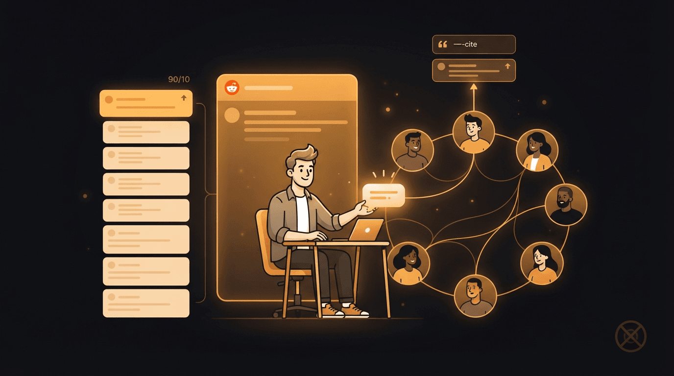 A friendly solo founder sitting inside a glowing amber Reddit-style community feed, handing helpful answers to a circle of other founders along amber threads while a small self-promo card waits at the bottom of a 90/10 stack — and one upvoted comment rises out of the thread into an AI answer box labeled with a cited source, illustrating that being genuinely useful on Reddit avoids bans and now feeds AI search citations.