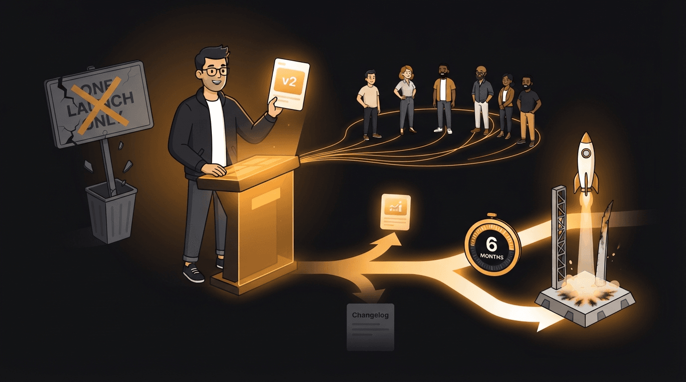 A solo founder at a glowing amber launch console holding up a bright product card labeled v2 and deciding how to launch the same product a second time, while a cracked grey signboard reading ONE LAUNCH ONLY is crossed out and falling away into a discard bin — in front of them a glowing amber decision tree splits into three branches of rising brightness, a faint one ending at a small dim changelog note, a medium one ending at a modest glowing update card, and a bright one ending at a rocket lifting off a second time from the same scorched launch pad, with a circular calendar dial gate marked 6 MONTHS standing on the bright branch and amber threads connecting the founder to a ring of other founders who arrive along that branch to support the second launch, illustrating that a product can legitimately be launched more than once when the update is substantial enough to earn it.