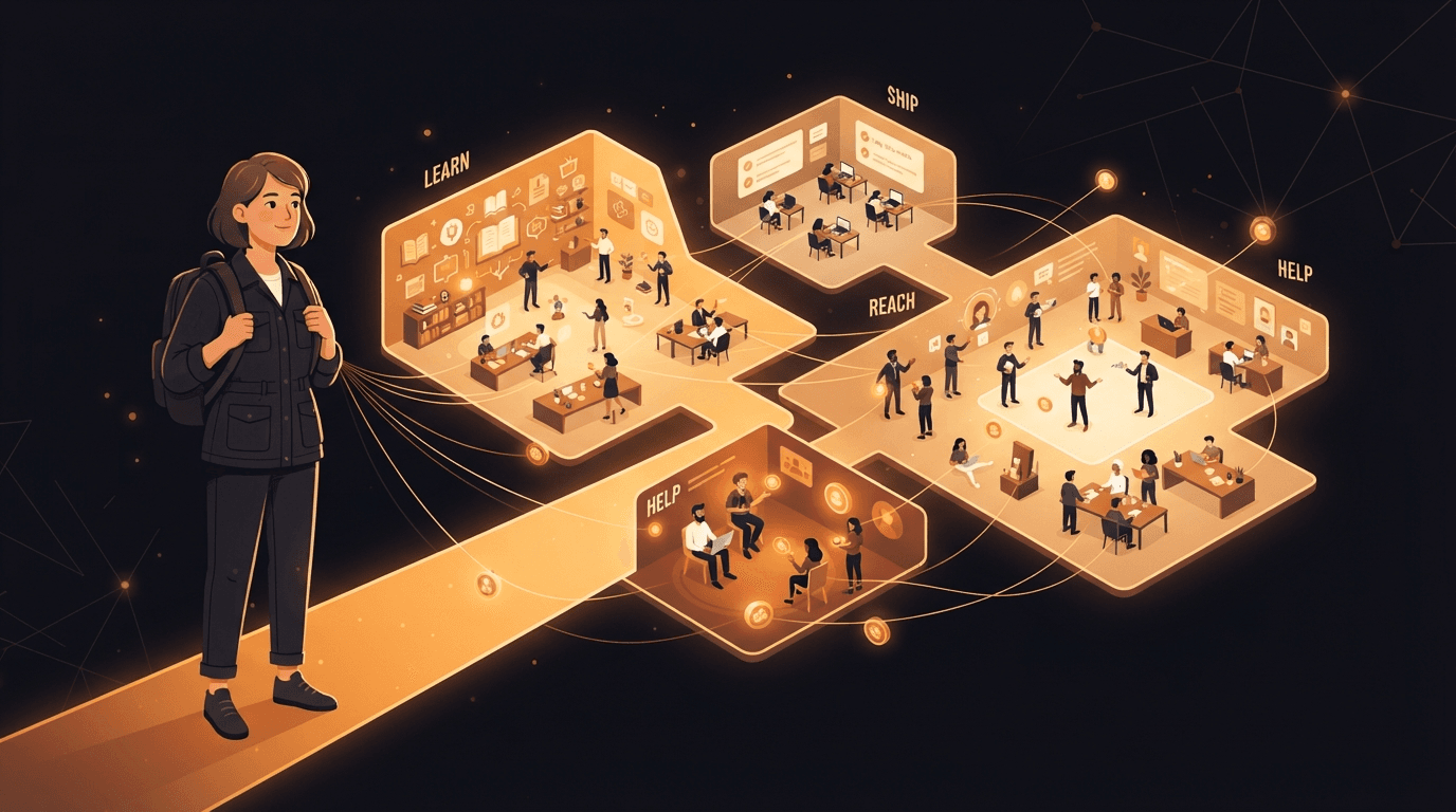 A solo founder standing before a glowing amber map of indie hacker communities laid out as connected rooms — a large learning hall, an accountability room of daily streak-loggers, a noisy platform plaza for Reddit and Hacker News, and a smaller reciprocity room where helping is the currency — each room labeled by the job it does, with amber threads carrying feedback, reviews, and backlinks between the founder and a network of peers, illustrating that the right community is chosen by what you need it for, not by its follower count.
