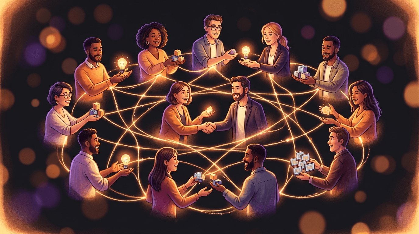 A circle of diverse startup founders linked by glowing amber threads, representing the Favors.dev marketing co-op where founders trade verified marketing favors to launch their SaaS.