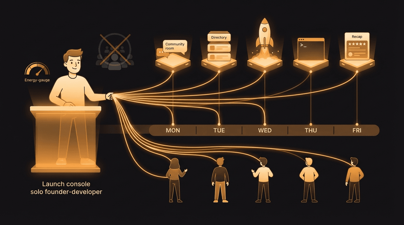 A solo founder at a glowing amber launch console stretching one single bright product core into five amber threads that fan out across a horizontal five-day timeline marked MON, TUE, WED, THU, FRI — each thread ending at its own station above its day: a community chat room, a stack of directory listing cards, a rising rocket, a plain terminal window, and a recap chart with a five-star card, lit one after another like a relay so the week reads as a sequence rather than a single burst — while a dimmed, crossed-out single-day version beside them fires the same product once into a grey crowd that scatters and goes dark, a small energy-gauge dial shows a steady sustainable level rather than redline, and amber threads connect the founder to a ring of other founders standing along the timeline who arrive on different days to support each surface, illustrating that a solo founder runs a launch week by spreading one product across five surfaces rather than shipping five features.