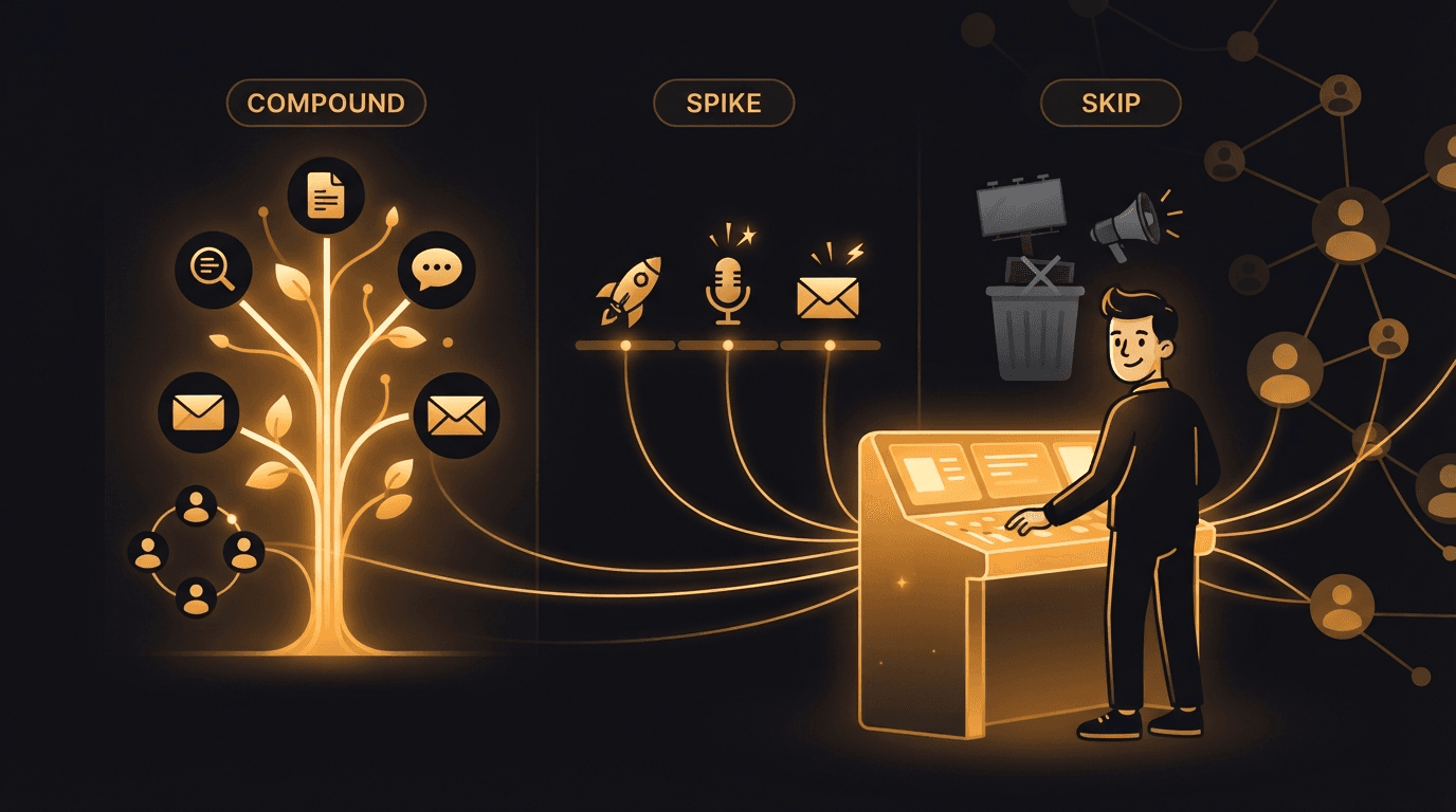 A solo founder at a glowing amber mission-control console sorting marketing channels into three lanes — a bright, growing tree of compounding channels (SEO and answer-engine content, community, an email list, and a reciprocity channel made of other founders) on one side, a row of brief spike bursts (a launch rocket, a podcast mic, a newsletter-swap envelope) in the middle, and a dimmed discard bin of ignore-for-now channels (a switched-off paid-ads billboard and a mass-DM megaphone) on the other — with amber threads carrying favors between the founder and a network of peers, illustrating that indie hackers should choose channels by effort, time-to-payoff, and whether they compound, not by how many tactics they can run at once.