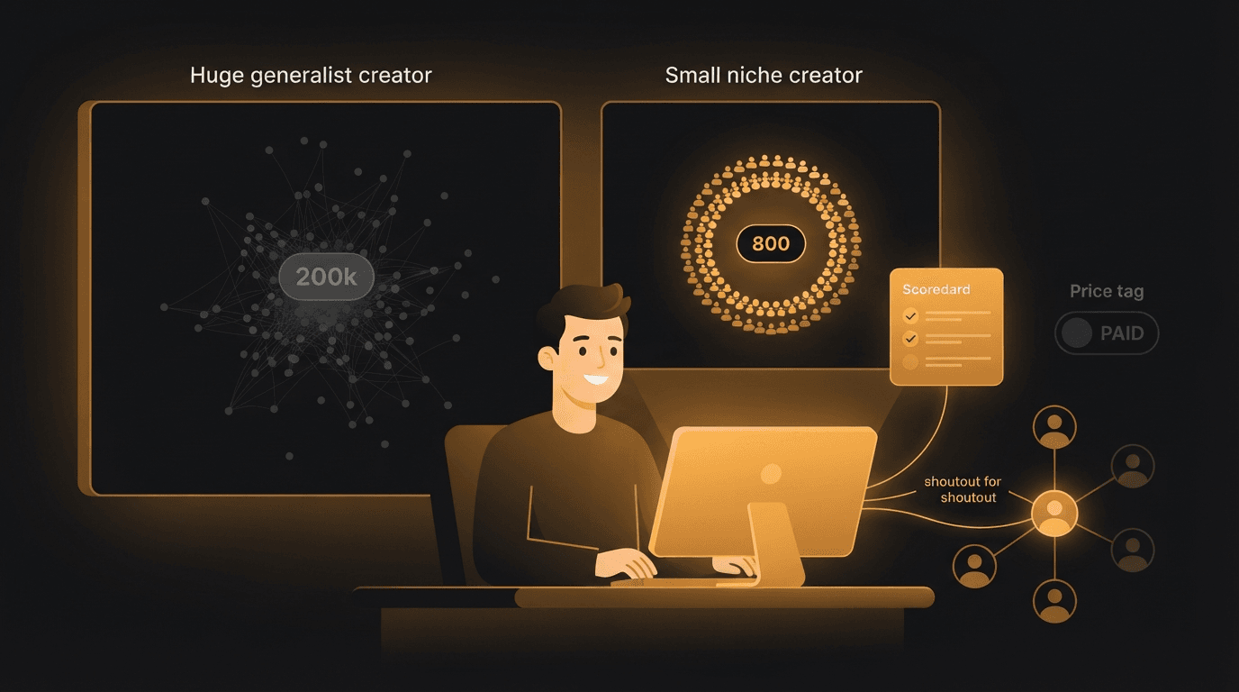 A solo founder at a glowing amber workstation choosing between two creators — a huge 200k-follower generalist whose audience is a faint, scattered cloud, and a small 800-follower niche creator whose tight circle of aligned followers glows bright and engaged — with a creator-fit scorecard floating beside them and amber threads carrying a reciprocal, value-for-value collab (a shoutout traded for a shoutout) between the founder and a network of other founders and creators, while a dimmed pay-per-post price tag sits switched off, illustrating that for a startup the best micro-influencer collabs are chosen by audience fit and run on reciprocity rather than reach or ad spend.