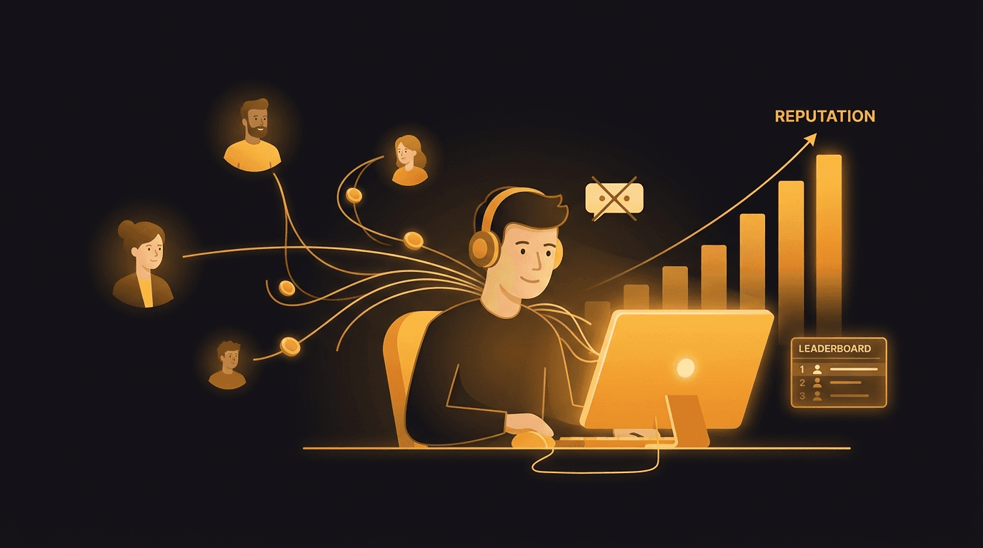 A quiet, introverted founder who dislikes self-promotion sits building at a glowing amber workstation while their reputation grows on its own — a rising amber bar chart and a leaderboard beside them — fed not by broadcasting but by amber threads of help flowing to and from a network of other founders, illustrating that reputation is a byproduct of being useful in public, not of posting about yourself.