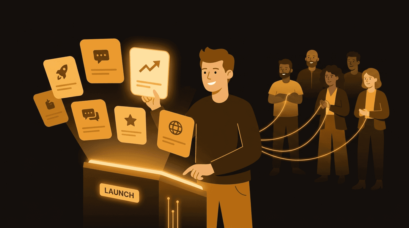 A founder at a launch console choosing among glowing amber platform cards — BetaList, Peerlist, Indie Hackers, Hacker News and more — each connected by amber threads to a crowd of other founders, with one card marked as a compounding backlink that keeps ranking after launch day.