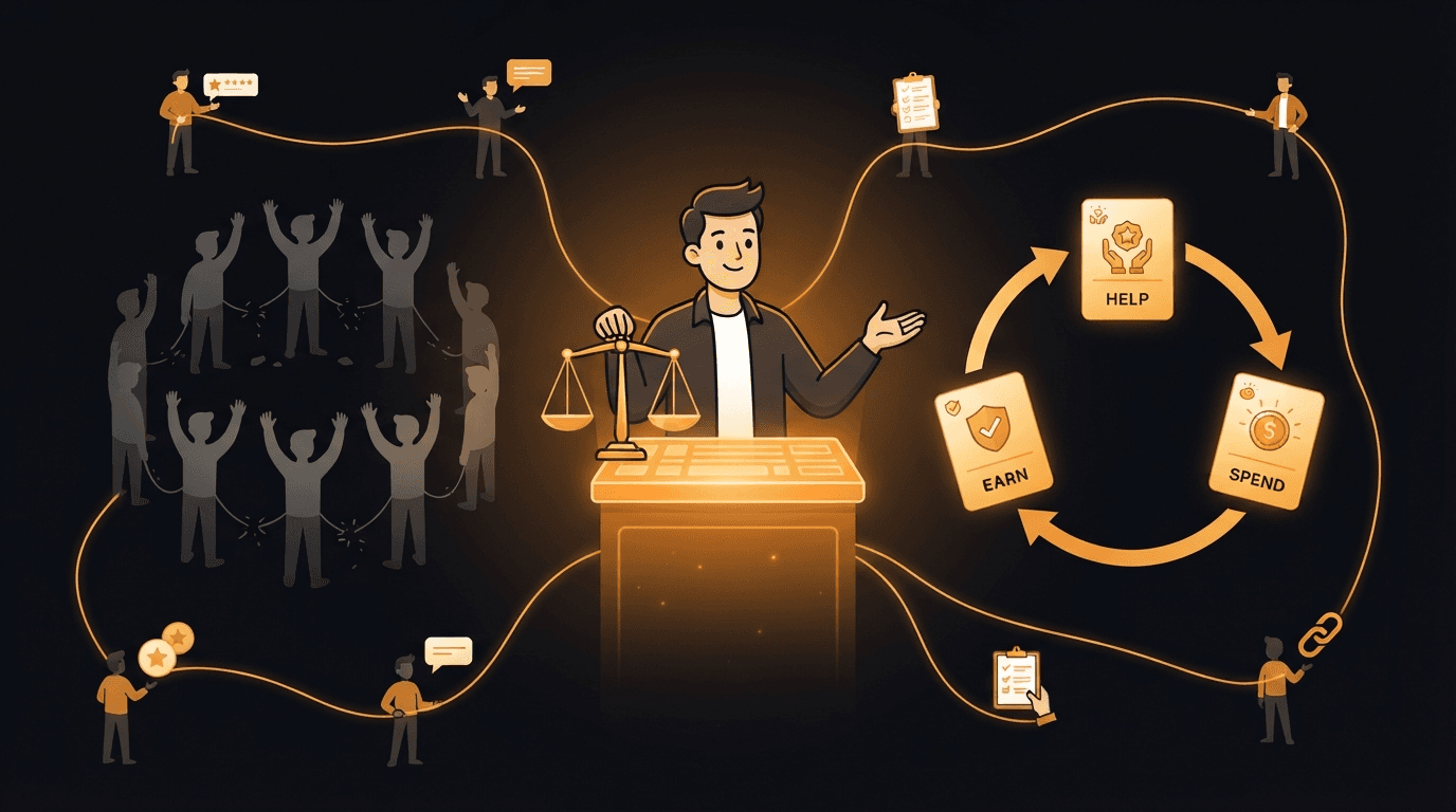 A solo founder standing at a glowing amber ledger console where marketing help is weighed and metered — on one side a collapsing informal founder group whose goodwill has run out, its givers dimmed and its takers still asking, and on the other a balanced three-stage loop labeled Help, Earn, and Spend in which a verified favor is checked, converted into points, and spent to pull help back — with amber threads carrying reviews, testimonials, feedback, and backlinks between the founder and a network of peers, illustrating that reciprocity becomes a real marketing channel only when it is metered and verified rather than left to goodwill.