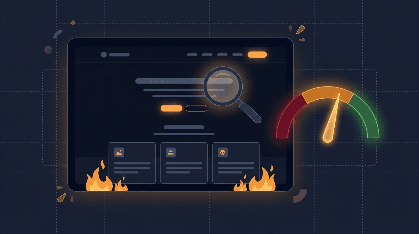 A startup landing page on a dark screen being roasted — small amber flames along the bottom edge, a magnifying glass over the headline, and a red-to-green conversion-score gauge with the needle in the amber zone.