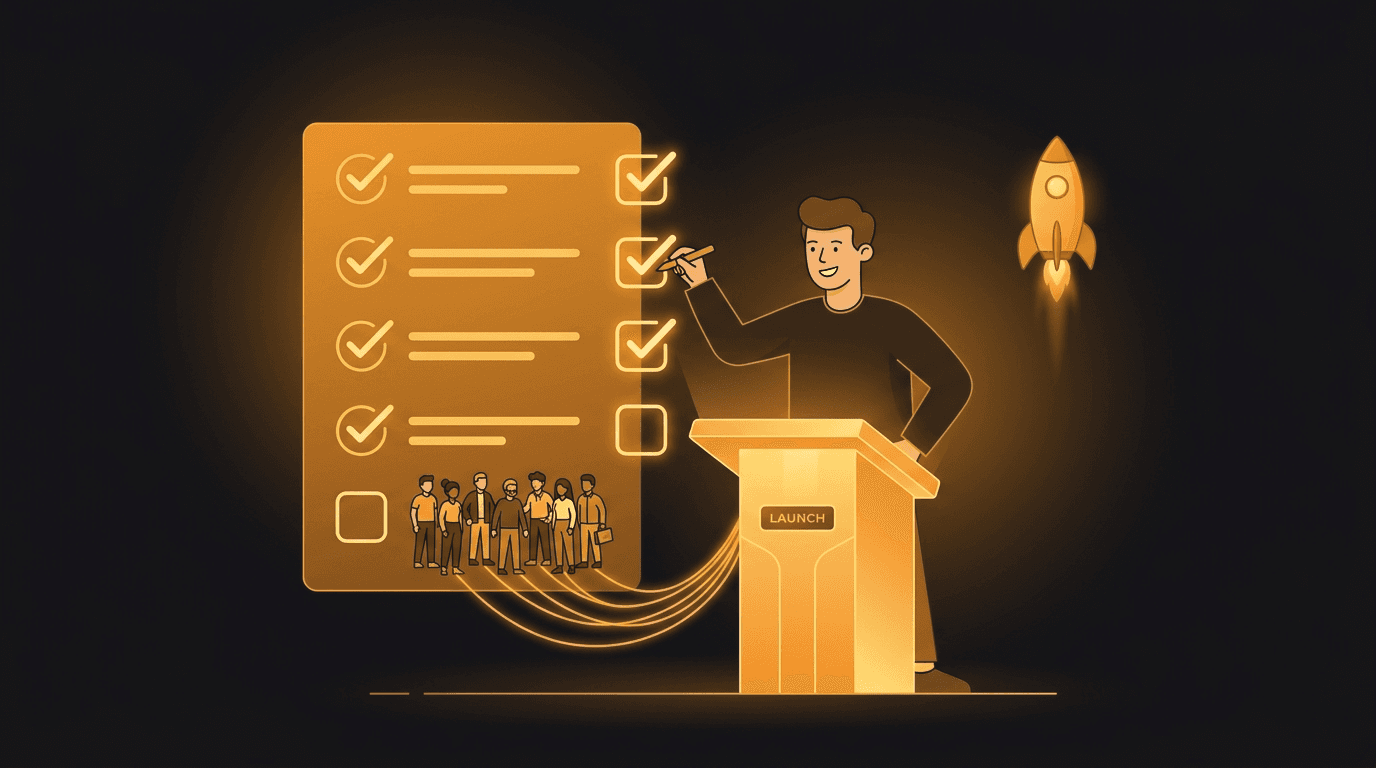 A solo founder at a launch console on launch day, ticking off a glowing amber checklist whose final unchecked box is a crowd of other founders arriving along amber threads to support the launch — illustrating that the last box on a SaaS launch checklist is a real crowd.