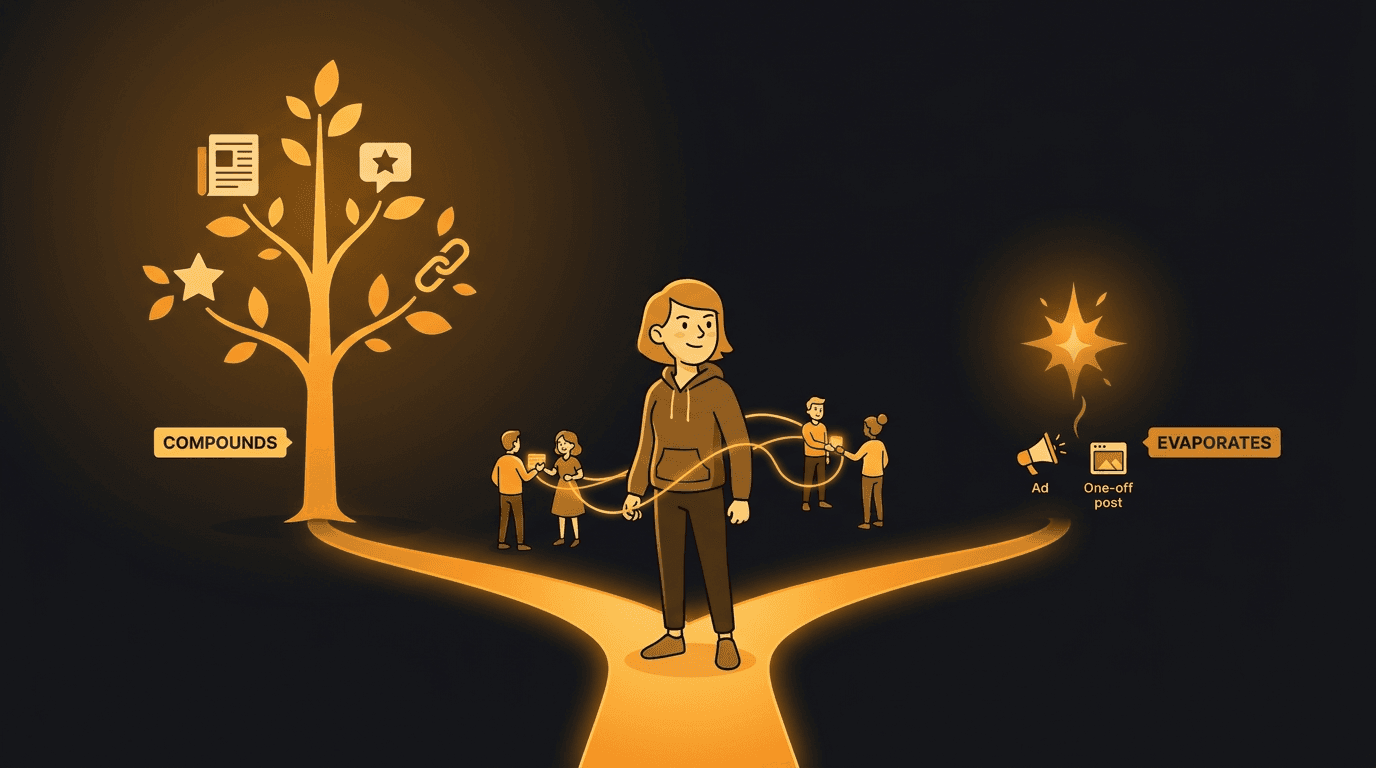 A solo founder choosing between two glowing paths — a compounding amber tree growing from content, reviews, and backlinks on one side, and a fading spark of paid ads and one-off posts on the other — connected by amber threads to other founders trading favors.
