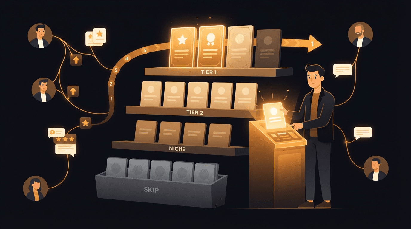 A solo founder at a glowing amber sorting console filing one product card into a tiered rack of startup launch directories — a small bright top tier of high-authority sites, a wider middle tier of worth-the-hour boards, a narrow niche tier of category-specific directories, and a dimmed discard bin of submit-anything link farms — with a numbered sequence arrow running left to right across the tiers to show submission order rather than carpet-bombing, a small verification checkmark re-scanning each listing, and amber threads carrying upvotes, reviews, and comments from a network of other founders into the listings to keep them ranking, illustrating that launch directories pay off when you submit in the right order to the right tier and bring a crowd to the listing afterward.