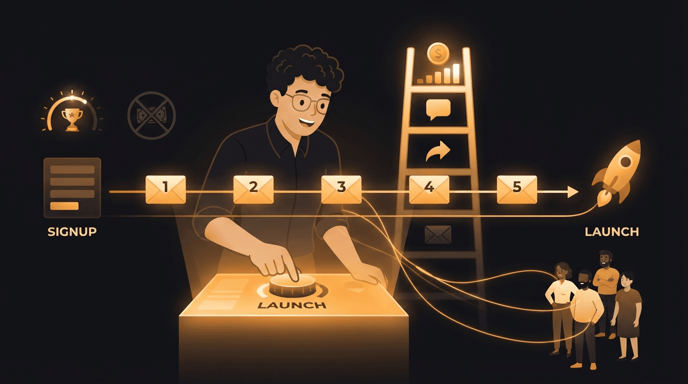 A solo founder at a glowing amber pre-launch console turning a waitlist into a launch, with a signal-strength ladder rising beside them where a bare email address glows faintly at the bottom, a referral and an answered survey glow brighter in the middle, and a pre-payment burns brightest at the top — a five-envelope email sequence runs left to right along an amber timeline from signup toward a launch-day rocket, a small referral dial shows a milestone reward lit and a cash-bounty option switched off and crossed out, and amber threads connect the founder to a crowd of other founders who arrive at the far end to make launch day land, illustrating that a waitlist is a pre-launch engine measured by intent rather than signup count.