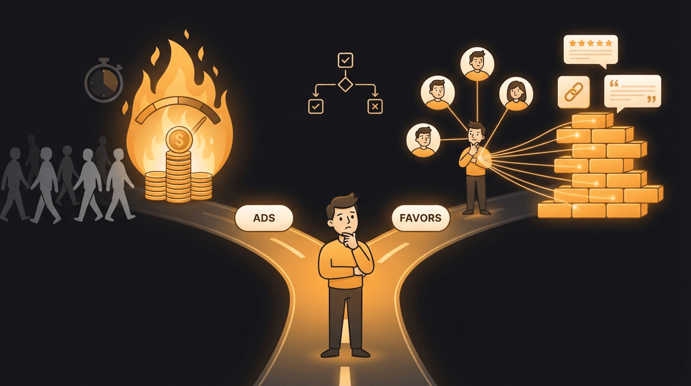A solo founder standing at a glowing amber fork in the road deciding whether to run paid ads — on one side a coin-fed ad meter burning through a small budget into a crowd of strangers who scatter the moment the meter stops, with nothing left behind, and on the other side the same founder trading hours with a network of peers along amber threads that harden into permanent assets: a review card, a backlink, a testimonial, and a search listing that keeps standing after the spend ends — with a small decision-tree diagram floating between the two paths, illustrating that for a bootstrapped startup before product-market fit, rented attention resets to zero while traded effort compounds.