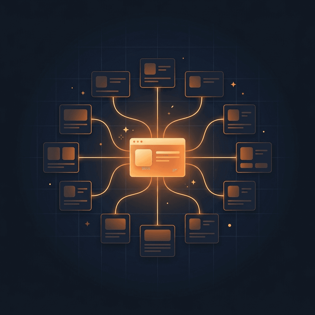 One startup being submitted to many launch directories, illustrated as a glowing product card connected to a constellation of directory tiles