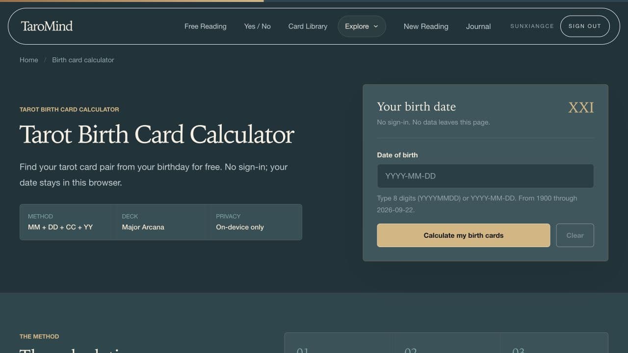 TaroMind Birth Card Calculator screenshot