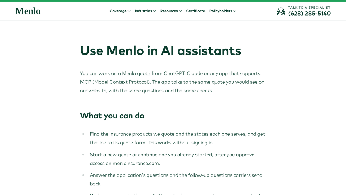 Menlo Insurance MCP screenshot