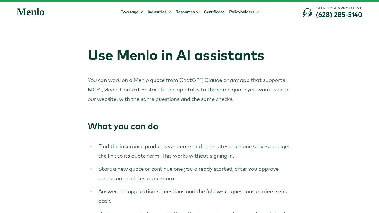 Menlo Insurance MCP screenshot