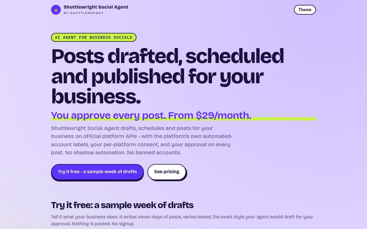 Shuttlewright Social Agent screenshot